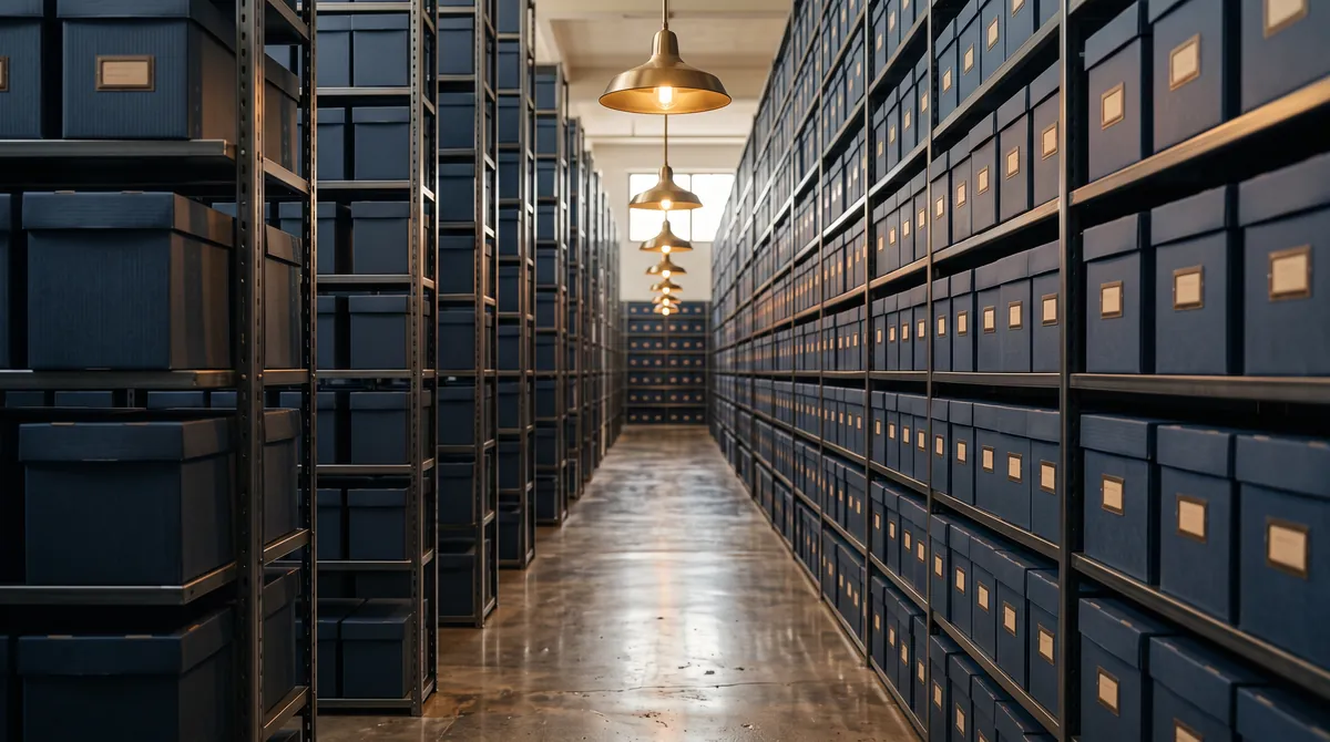 Archival records room with rows of navy-grey boxes