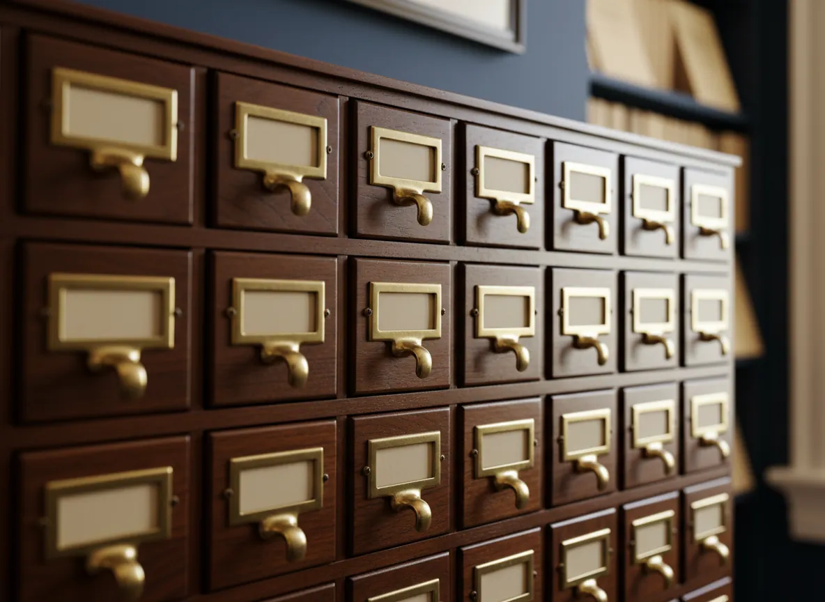 Walnut card catalog with brass drawer pulls