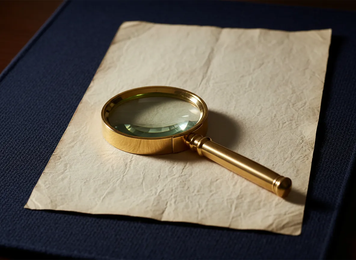 Brass magnifying glass on aged parchment