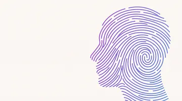 Andrew Hillman identity illustration: a head in profile drawn from fingerprint ridges, for one person under several name variants