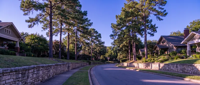 Illustration for Andrew Hillman of Dallas: an Oak Cliff street lined with tall pines, low stone retaining walls and Craftsman homes under a clear blue sky
