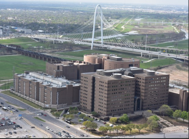 Dallas County Jail aerial view with Margaret Hunt Hill Bridge in background