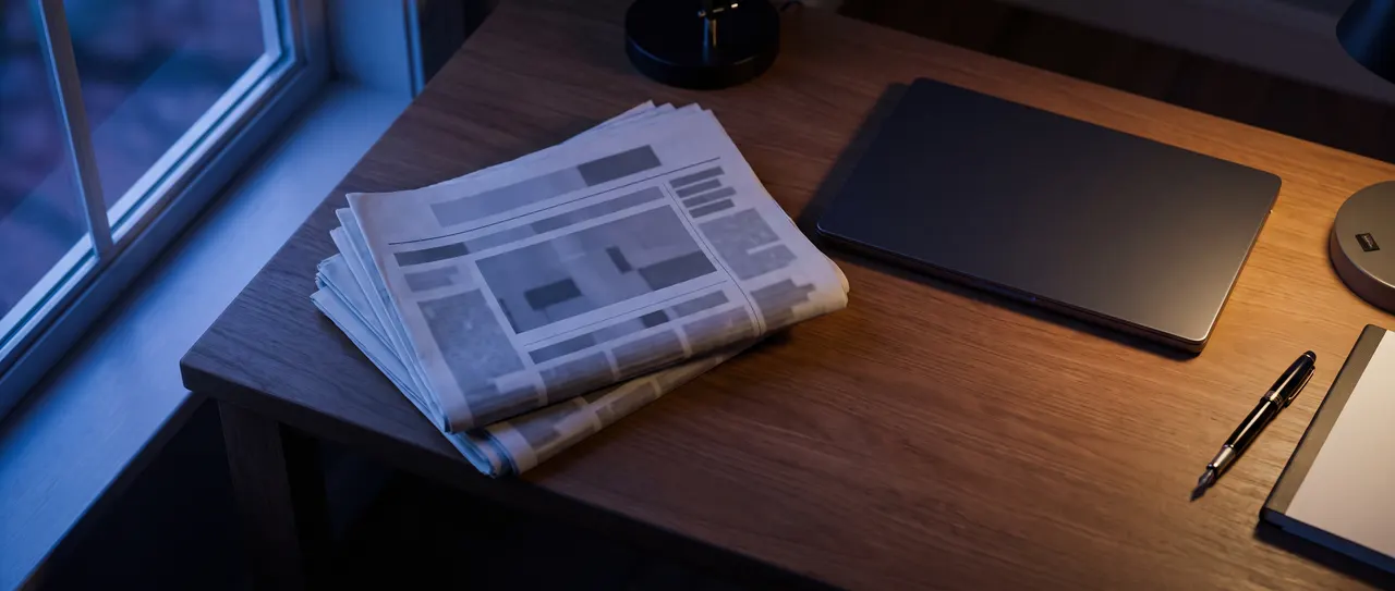 Andrew Hillman press banner: a quiet press desk at dusk with folded newspapers and a closed laptop