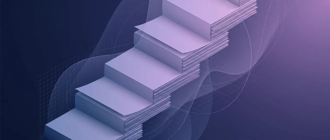 Andrew Hillman research record banner: blank research pages stacked like stairs in violet and blue