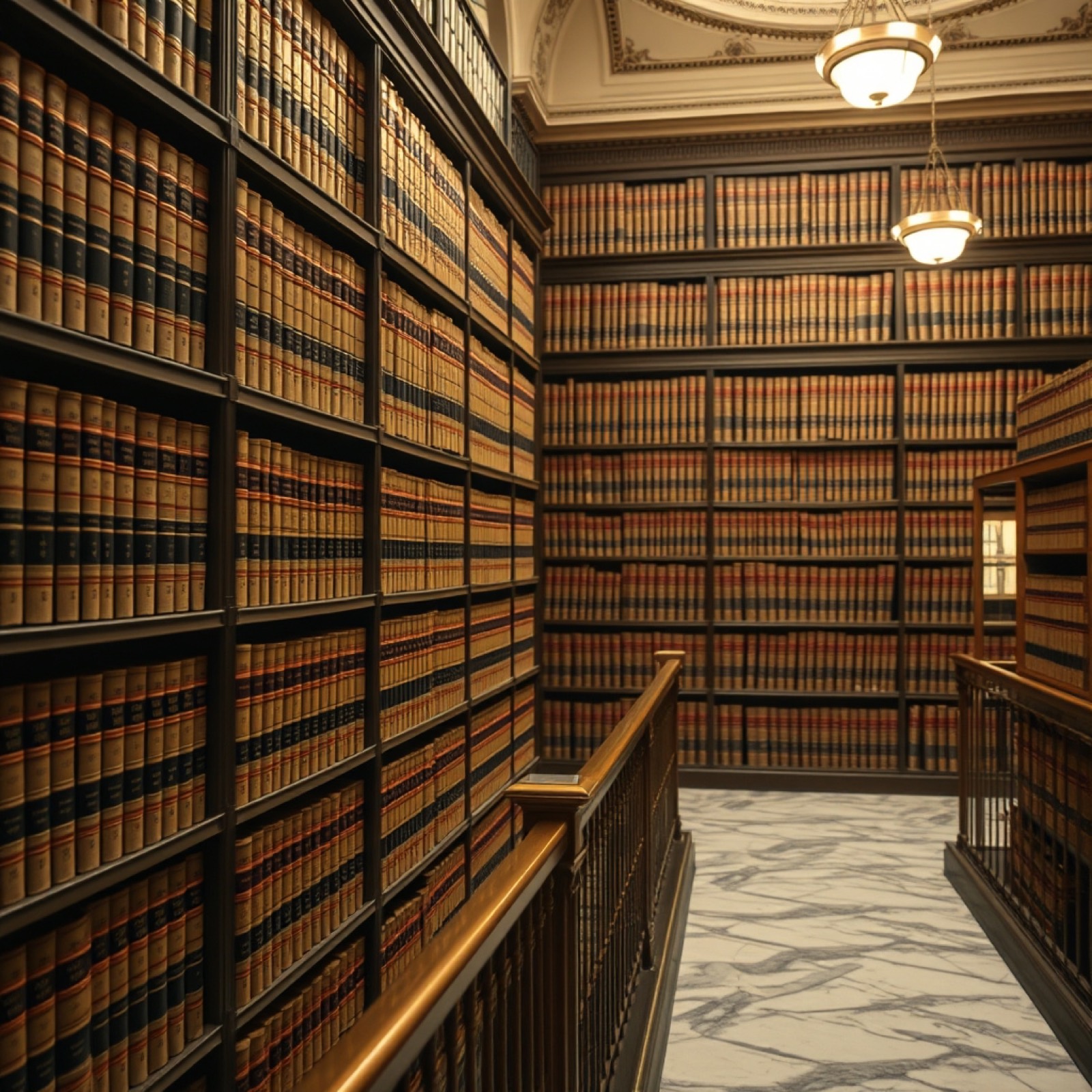Law library with stacks of bound legal volumes
