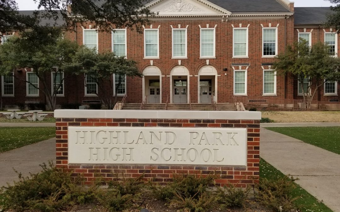 Highland Park High School facade with HPHS monument sign