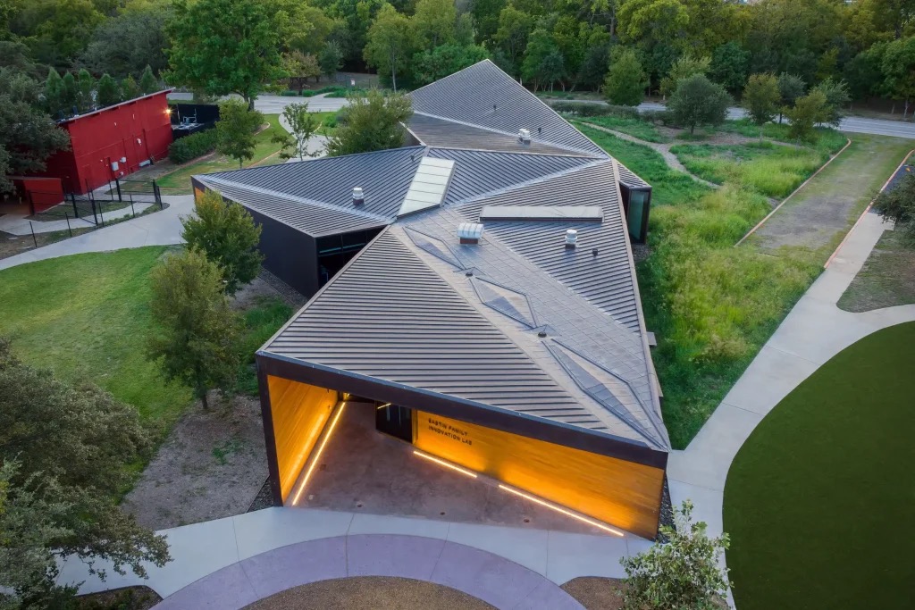 Lamplighter School aerial view of the Innovation Lab signature roofline