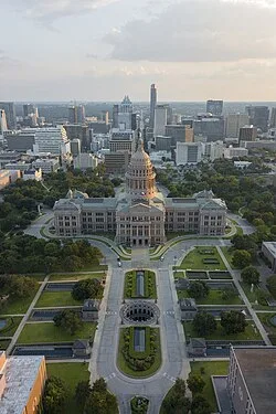 Aerial view of the Texas State Capitol and downtown Austin on Andrew Hillman's record