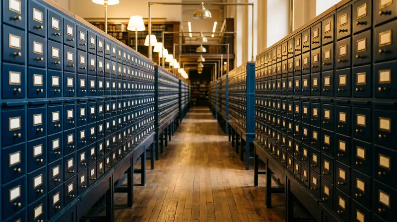 Rows of navy card catalog drawers with blank brass label frames, an archival still for Andrew Hillman's site