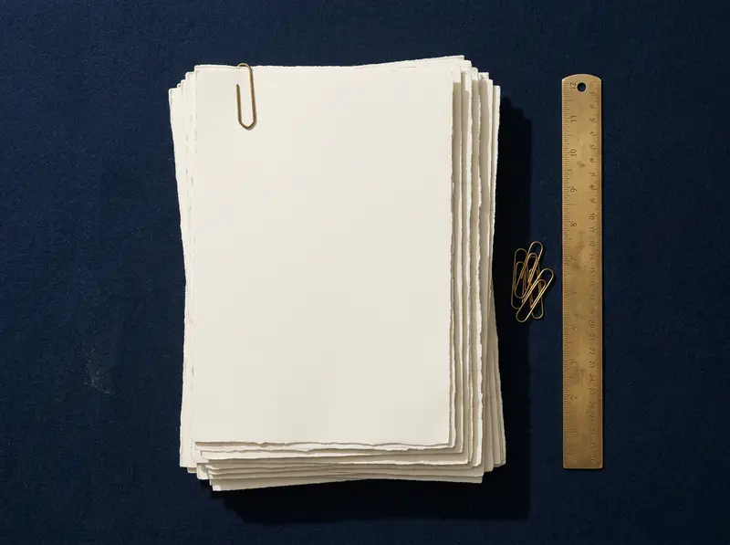 Blank ivory papers with a brass ruler on navy, an archival still life for Andrew Hillman's site